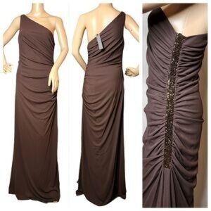 Laundry By Shelli Segal One-Shoulder Brown Evening Gown with Sequin Trim